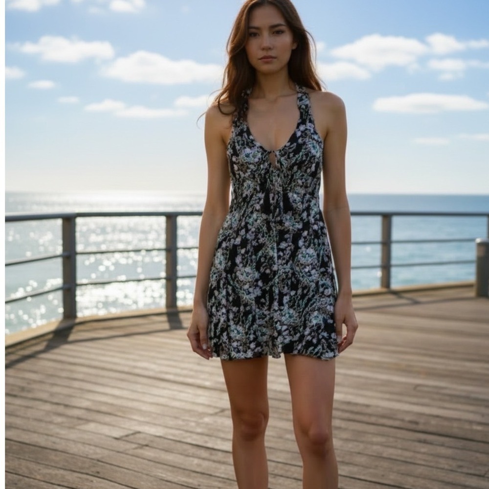 Free People Floral Mini Dress Black Boho Garden Floral Size Medium